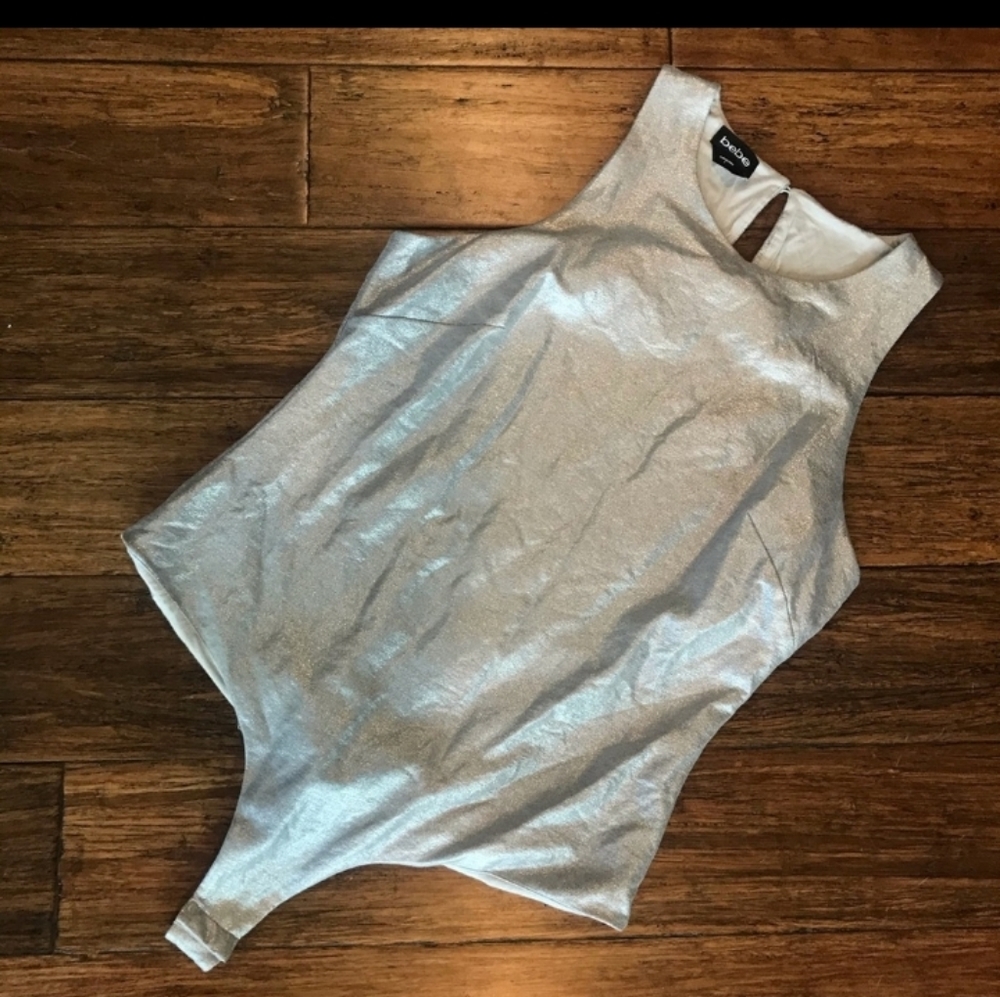 Bebe Silver Bodysuit large shimmer metallic